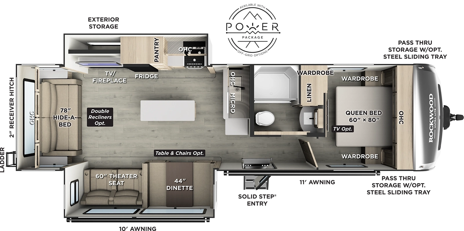 The Rockwood Ultra Lite Travel Trailers 2906RL floorplan has one entry and two slide outs. Exterior features include: fiberglass exterior and 10' & 11'6" awning. Interiors features include: kitchen island, front bedroom and rear living.